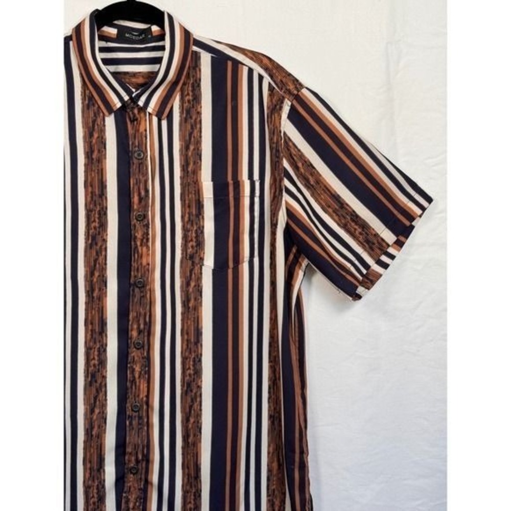 Casual Prep MCEDAR Brown Navy Striped Pocket Short Sleeve Button Down Mens Med